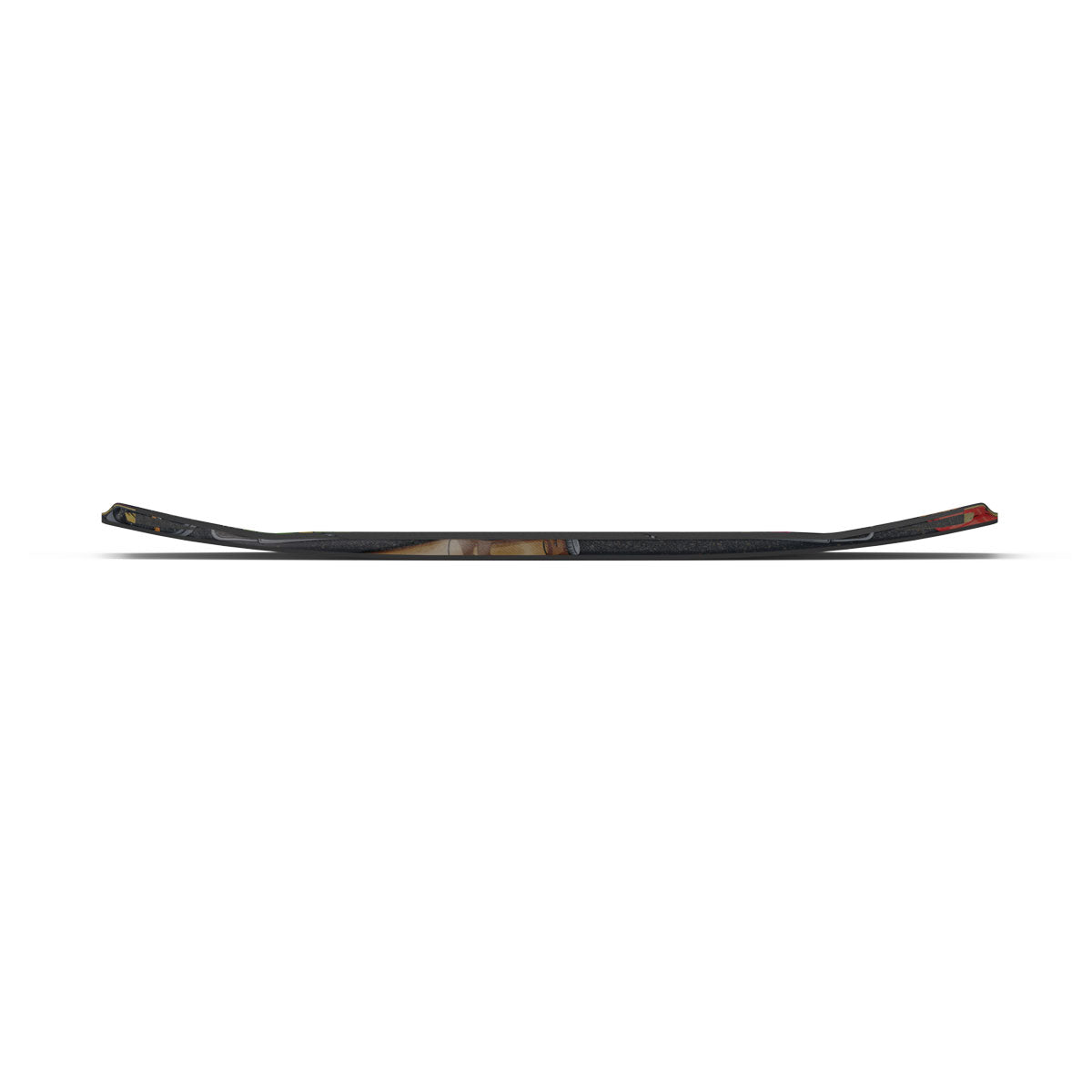 Side view of TAO Skate BLEM foil board, black, concave shape, colored accents.