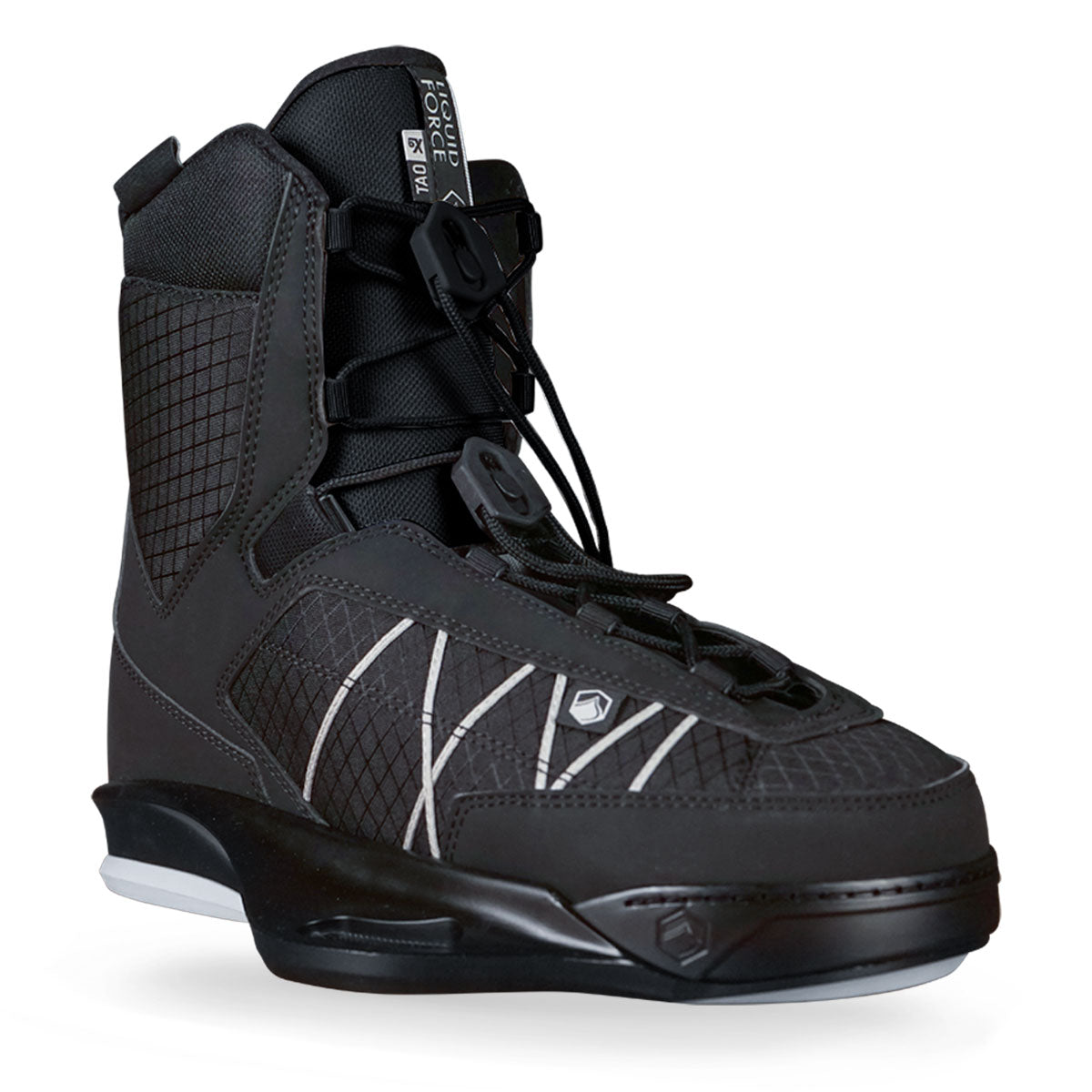 Black and gray high-cuff wakeboard binding with a modern design featuring a lace-up closure.