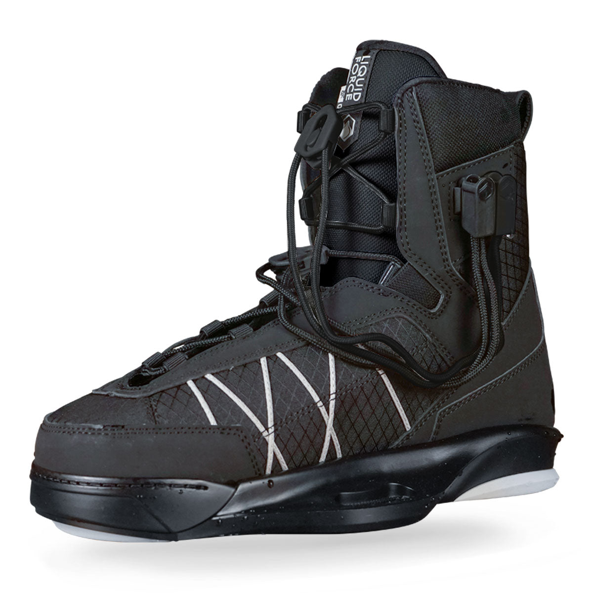 Black and gray high-cuff wakeboard binding with a modern design featuring a lace-up closure.
