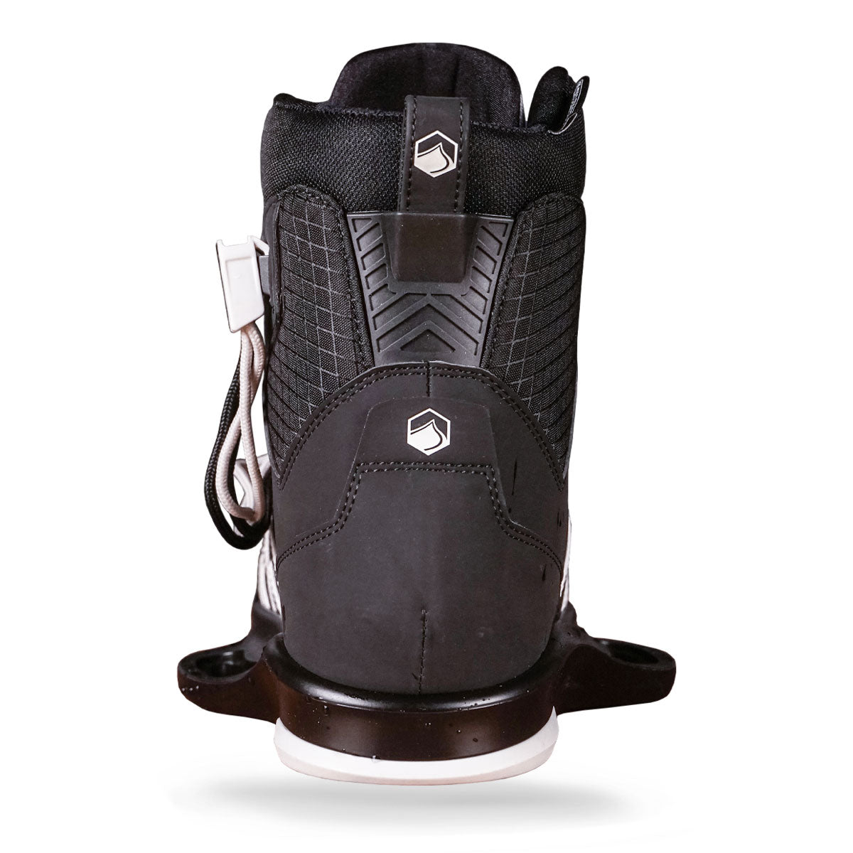 Rear view of wakeboard boot featuring a textured back, logo, and white side strap.
