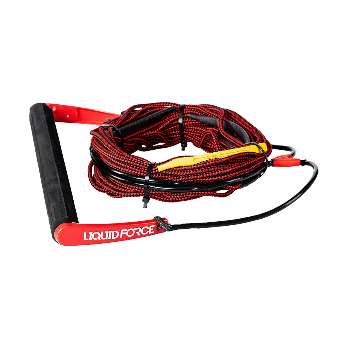 Red and Black Wakeboard Team Rope and Handle Combo coiled neatly against a white background.