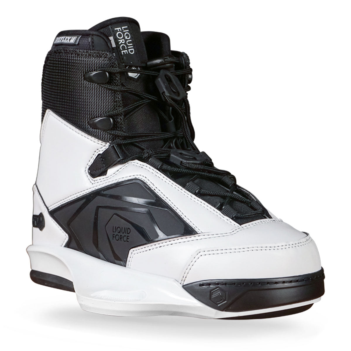 Wakeboard boots in black and white feature laces and a high-top design for a secure fit.