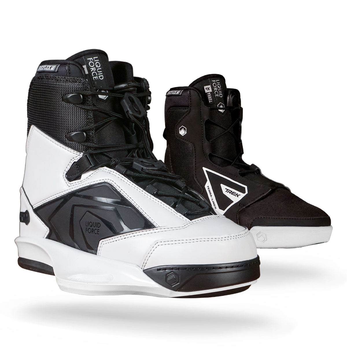 Wakeboard boots in black and white feature laces and a high-top design for a secure fit.