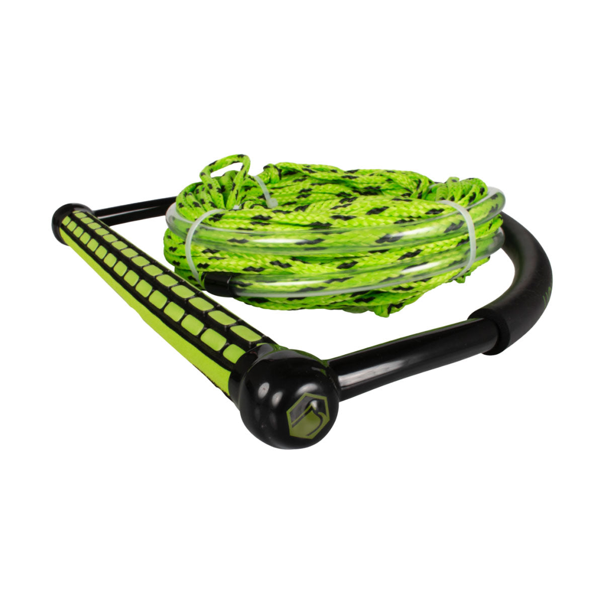Green and Black Wakeboard TR9 Rope and Handle Combo coiled neatly against a white background.
