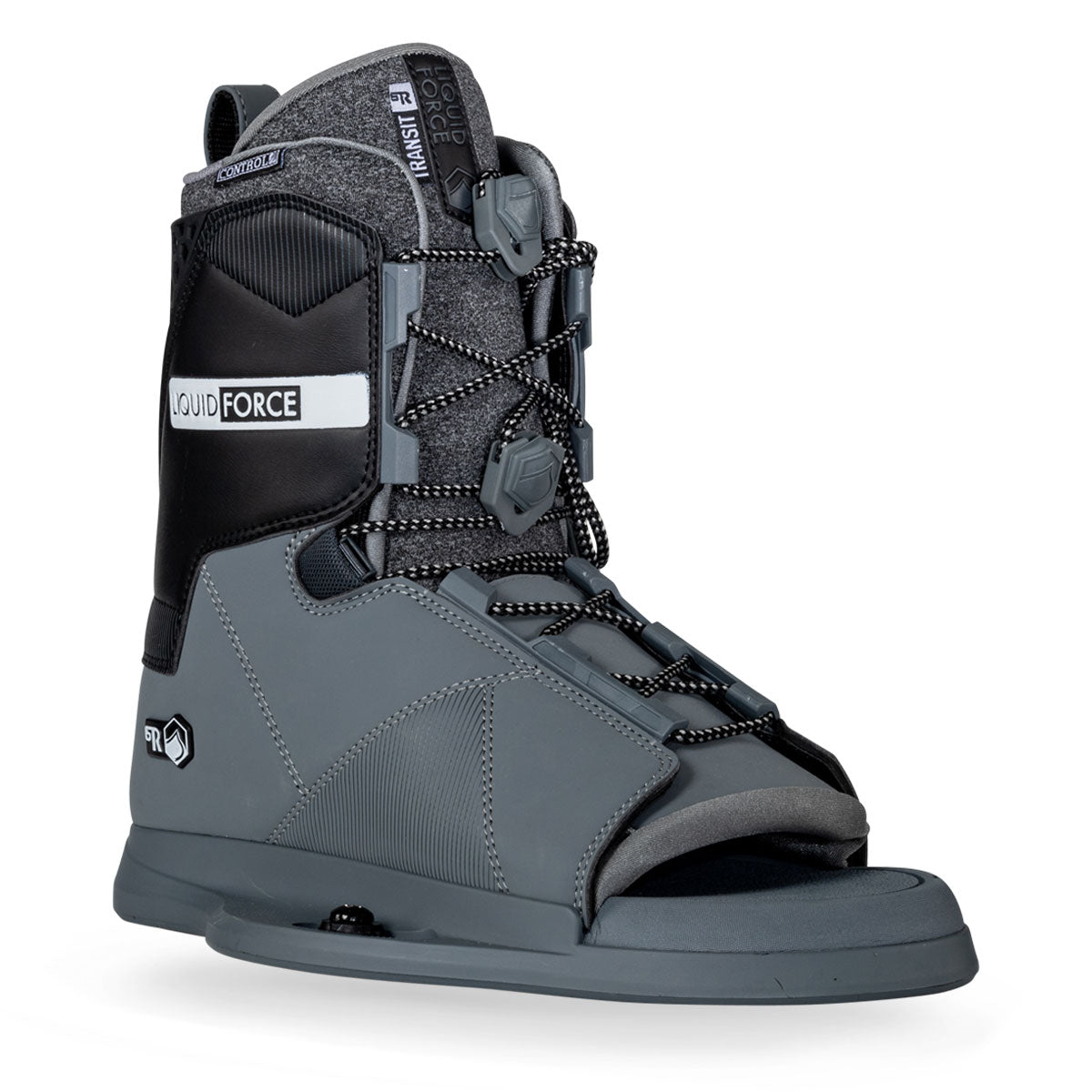 Wakeboard bindings in gray with black accents and adjustable laces, ideal for water sports.