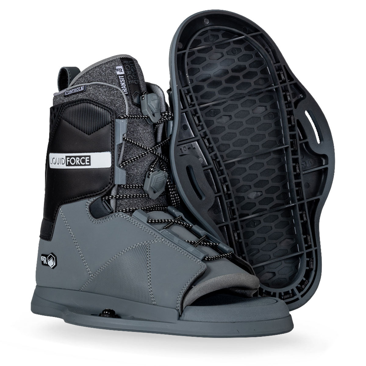 Wakeboard bindings in gray with black accents and adjustable laces, ideal for water sports.