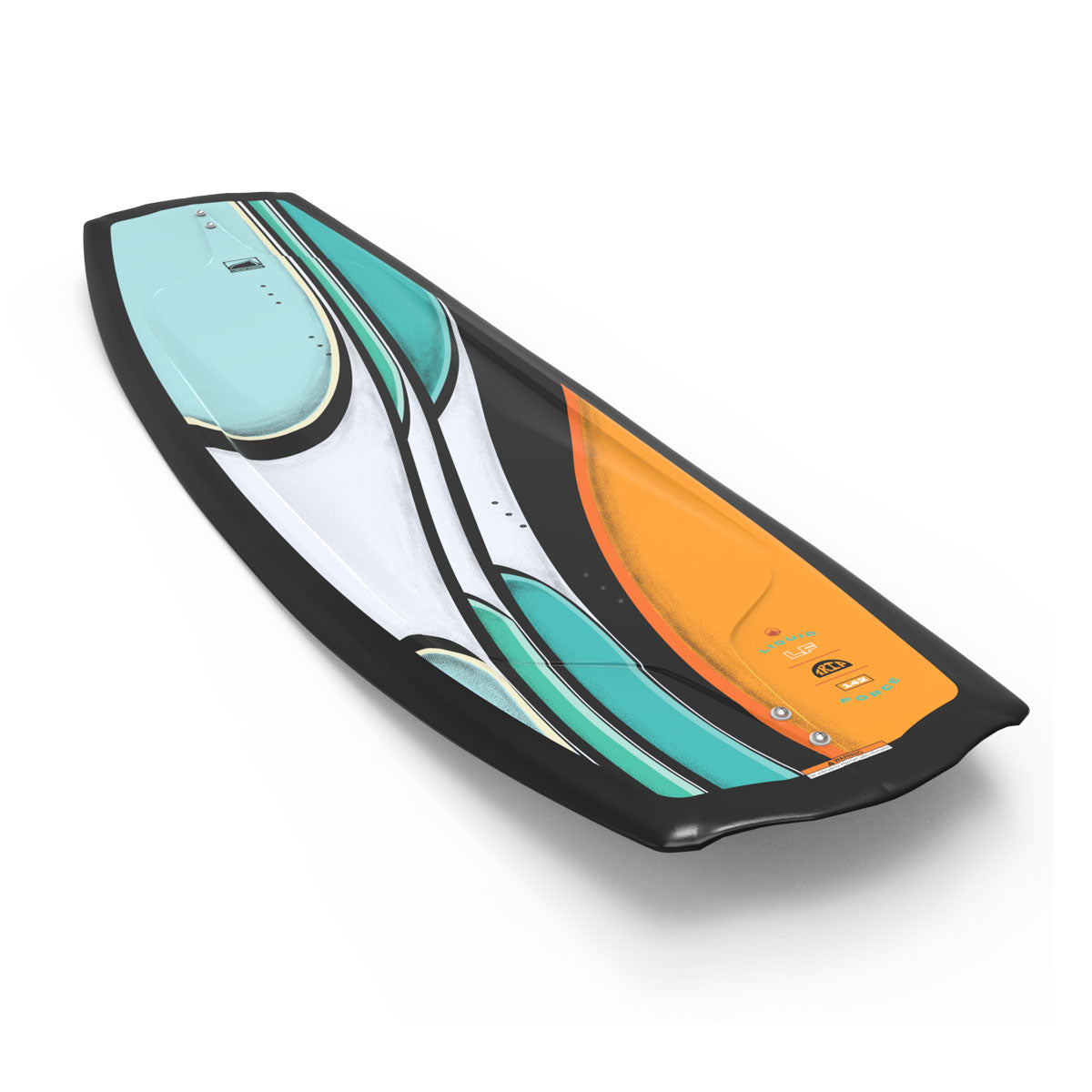 Top and bottom view of vibrant wakeboard with teal, black, white, and orange abstract designs stand displayed upright and flat.