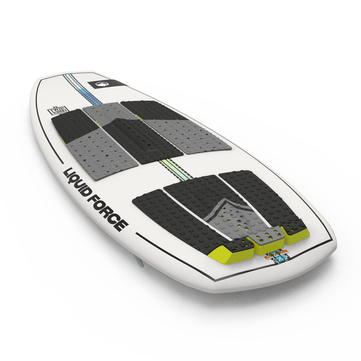 Top and bottom view of Liquid Force wakesurfer; colorful designs, grip pads, and brand logos.