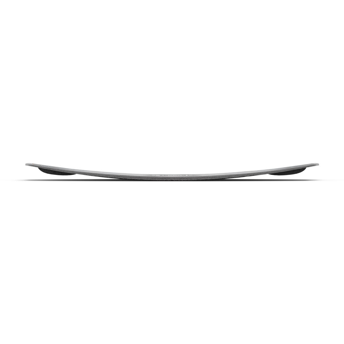 Side view of a wakeboard showing its concave shape with upturned nose and tail, against a white background.