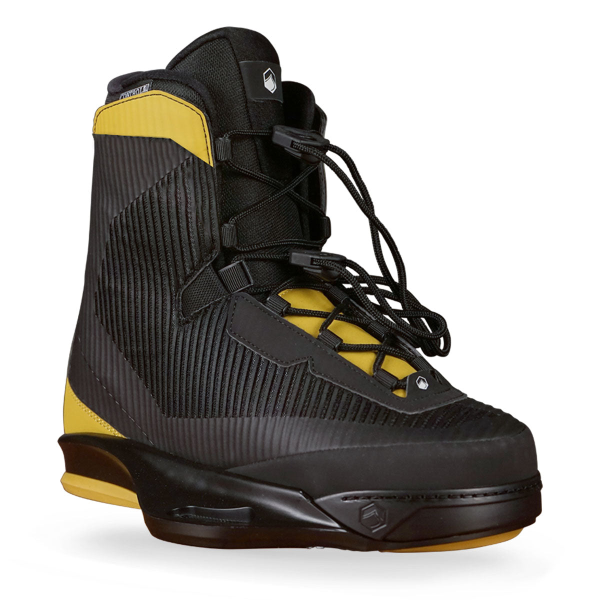 Lace-up wakeboard boots; black and yellow with ribbed texture and high ankle support.