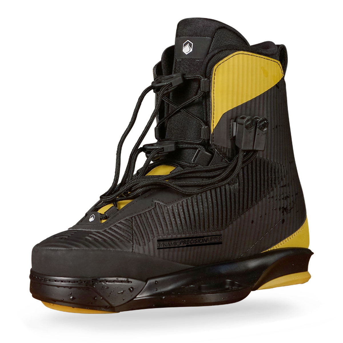 Lace-up wakeboard boots; black and yellow with ribbed texture and high ankle support.