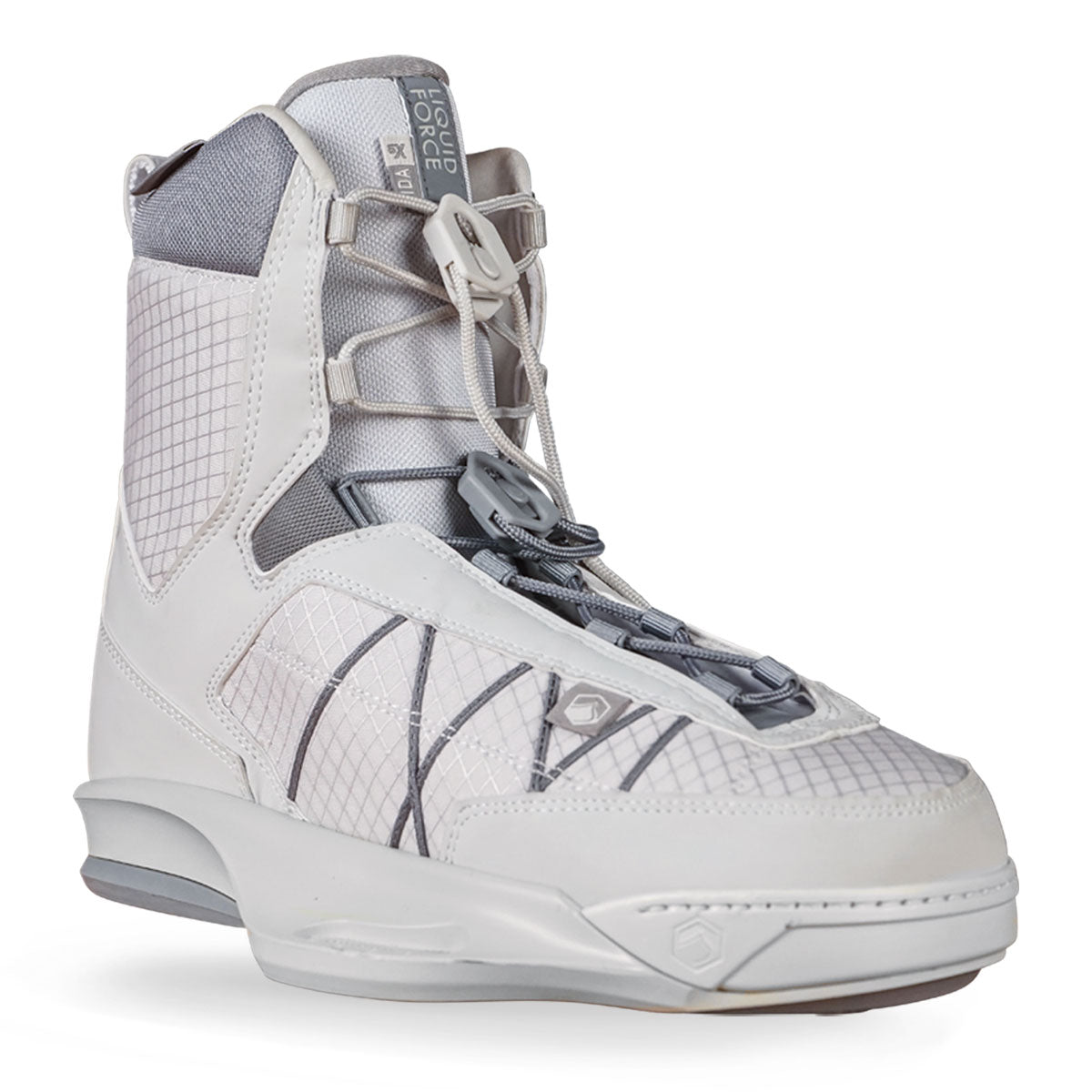 White and gray high-cuff wakeboard boot with intricate lacing, textured design.