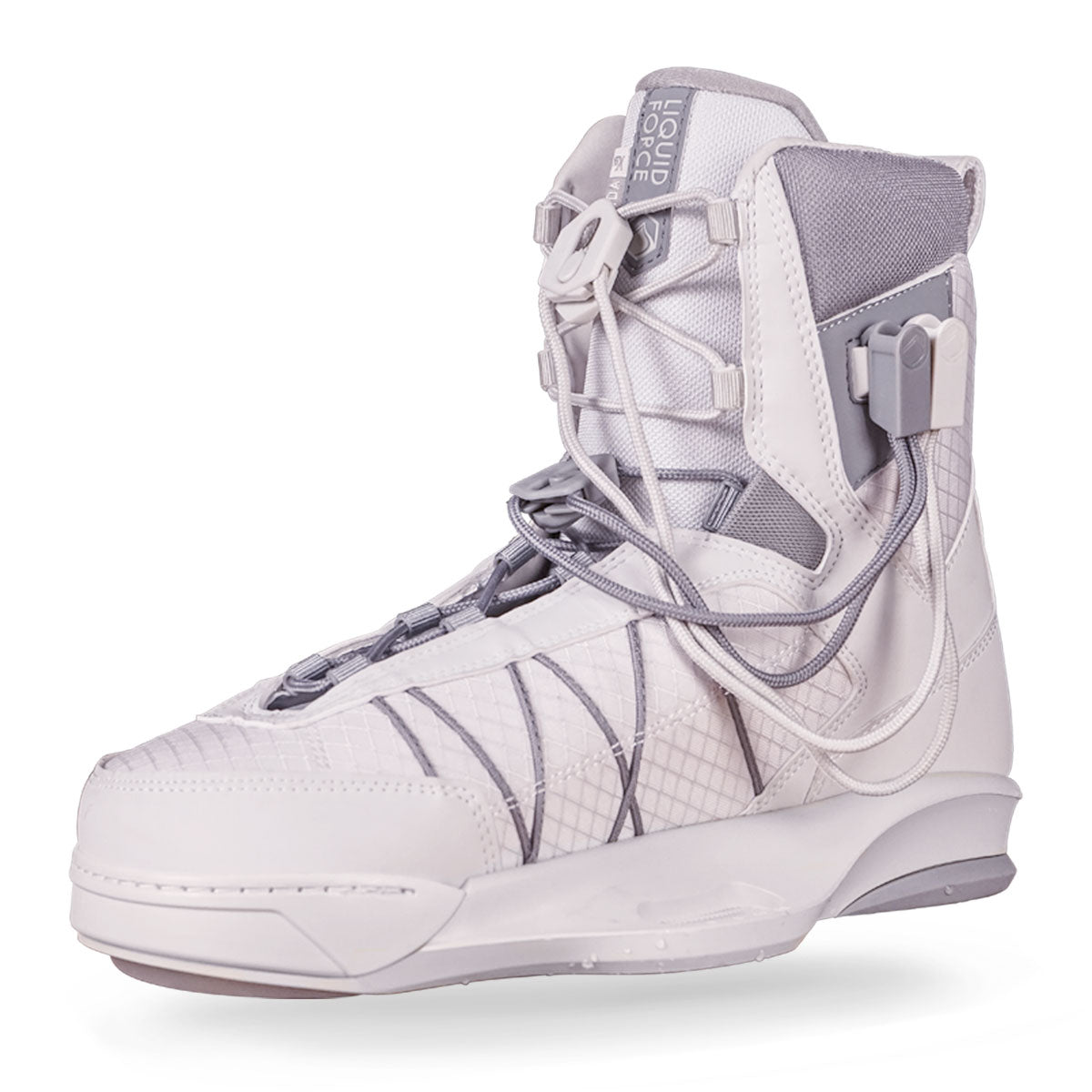 White and gray high-cuff wakeboard boot with intricate lacing, textured design.