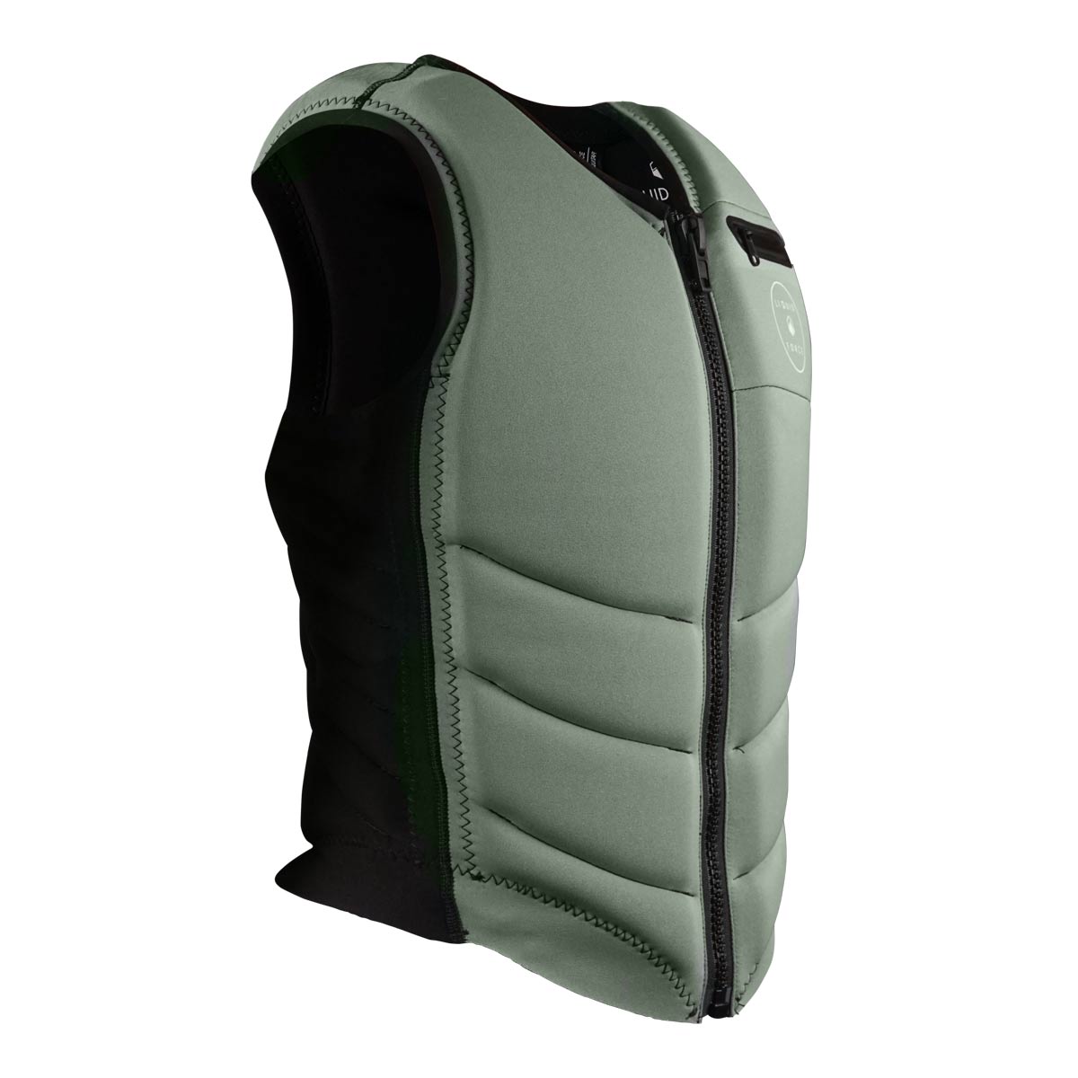 Front view of Womens Breeze Comp: green/black sleeveless vest with front zipper.