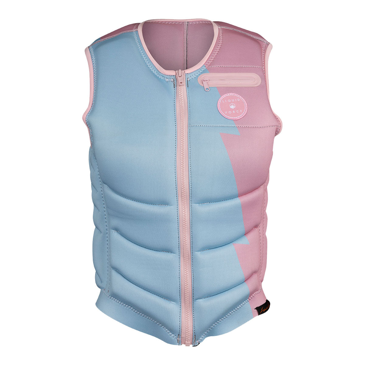 Front view of Womens Breeze Claudia Pro Comp Vest in blue & pink with front zipper and chest logo.