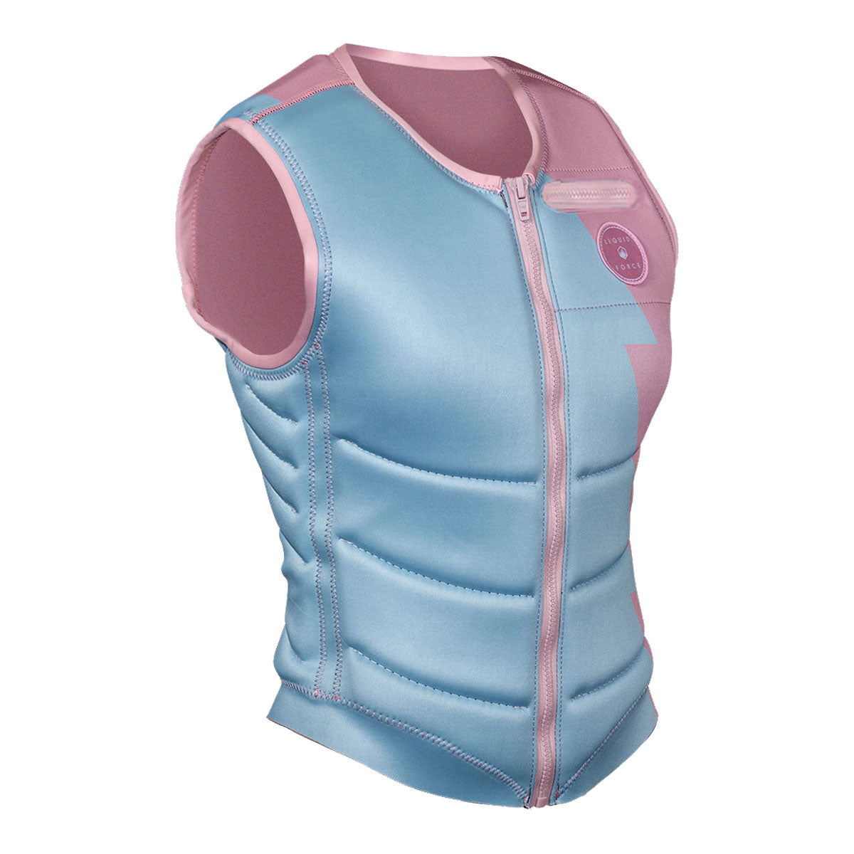 Front view of Womens Breeze Claudia Pro Comp Vest in blue & pink with front zipper and chest logo.