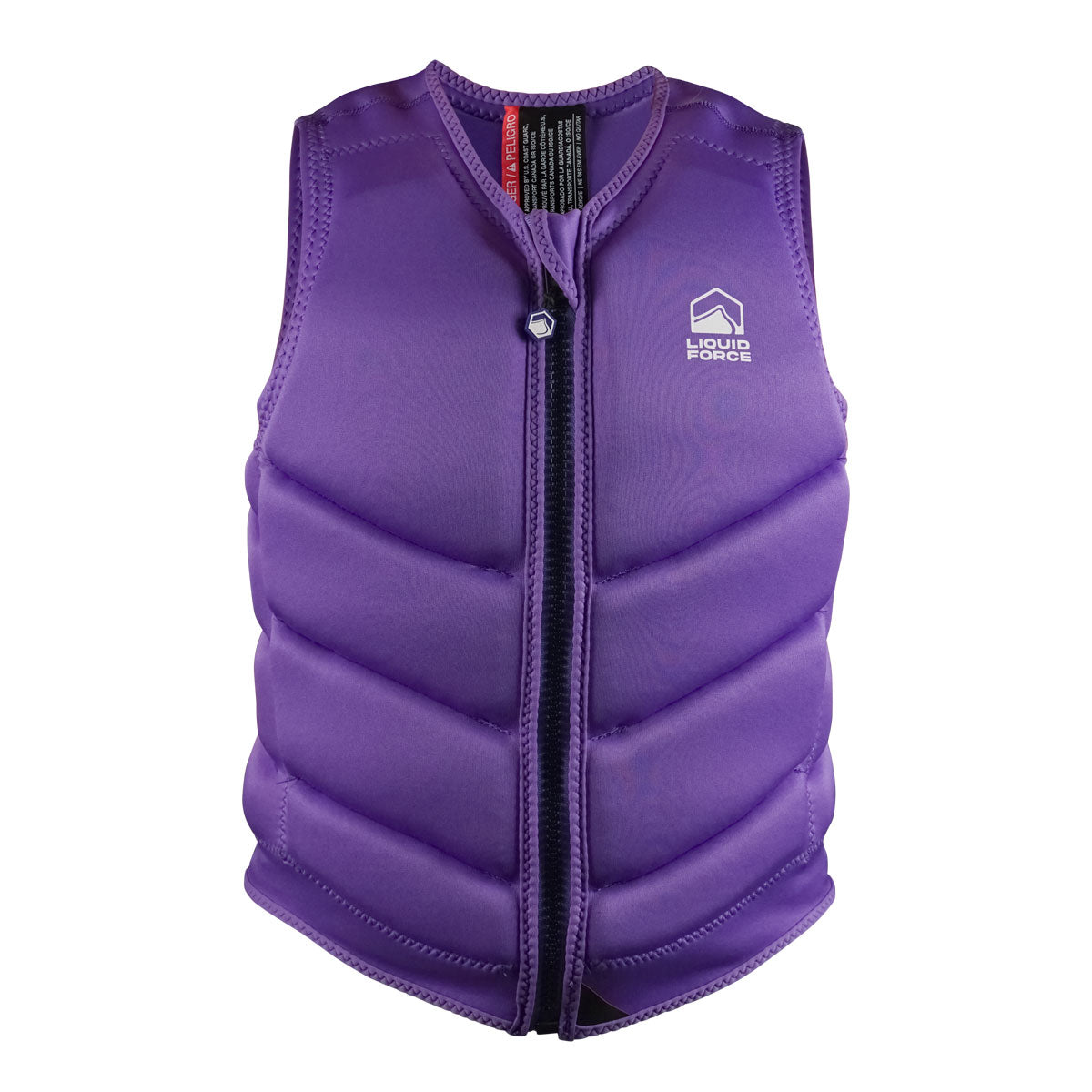 Front view of Purple Womens Core Comp vest with front zipper and logo on chest.