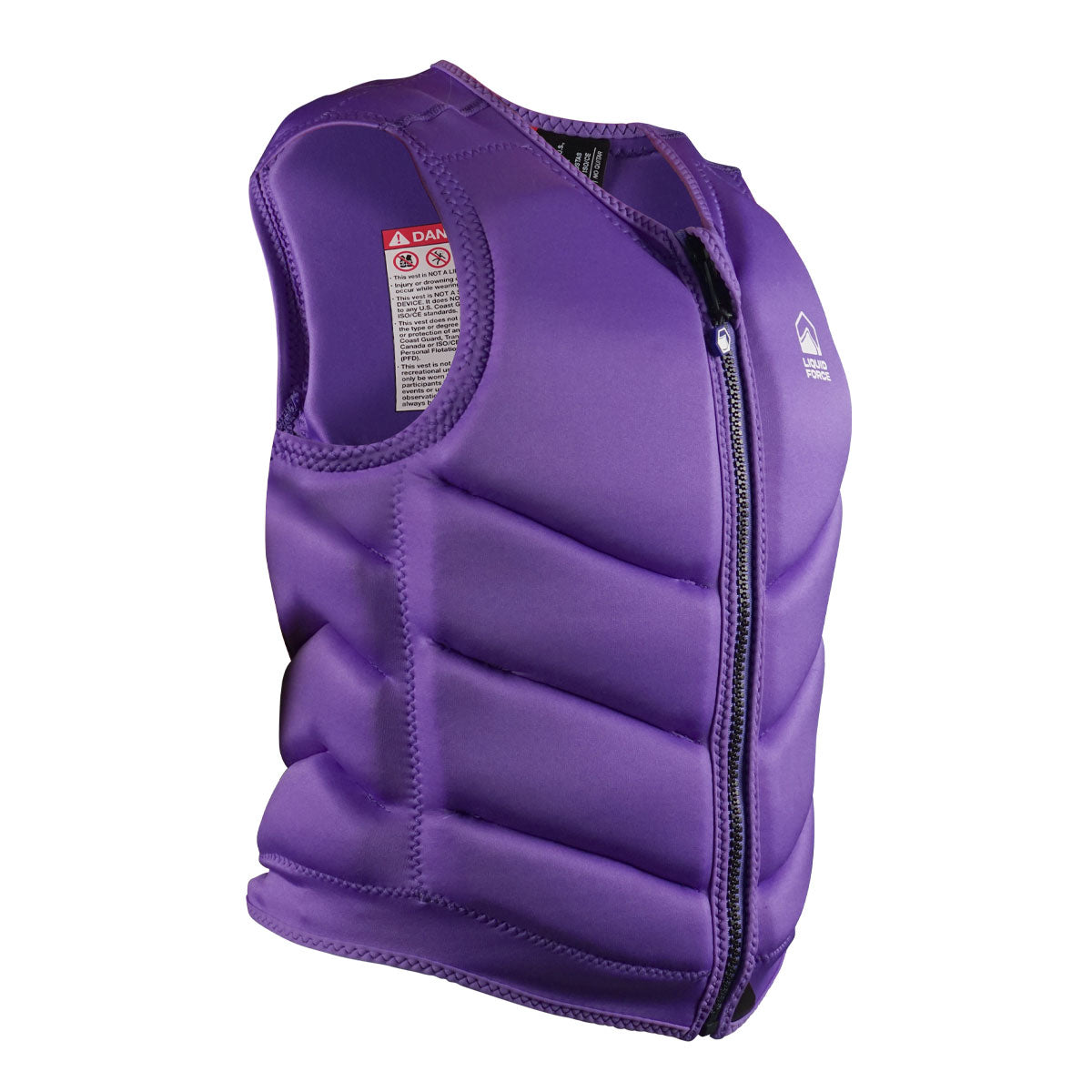 Front angled view of Womens Core Comp vest, purple padded, with zipper and printed label.