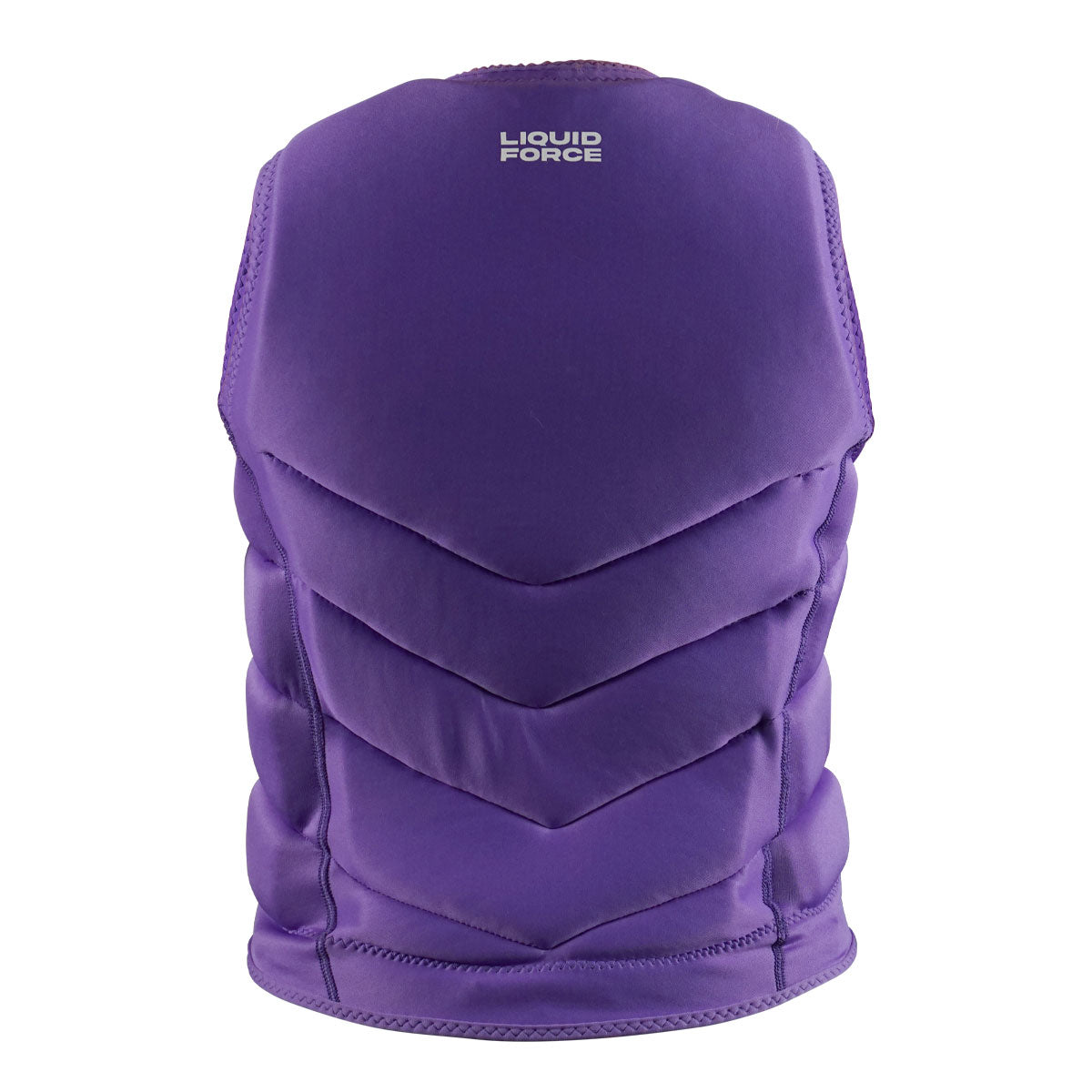 Rear view of Womens Core Comp: purple vest with padded design and Liquid Force logo on back.