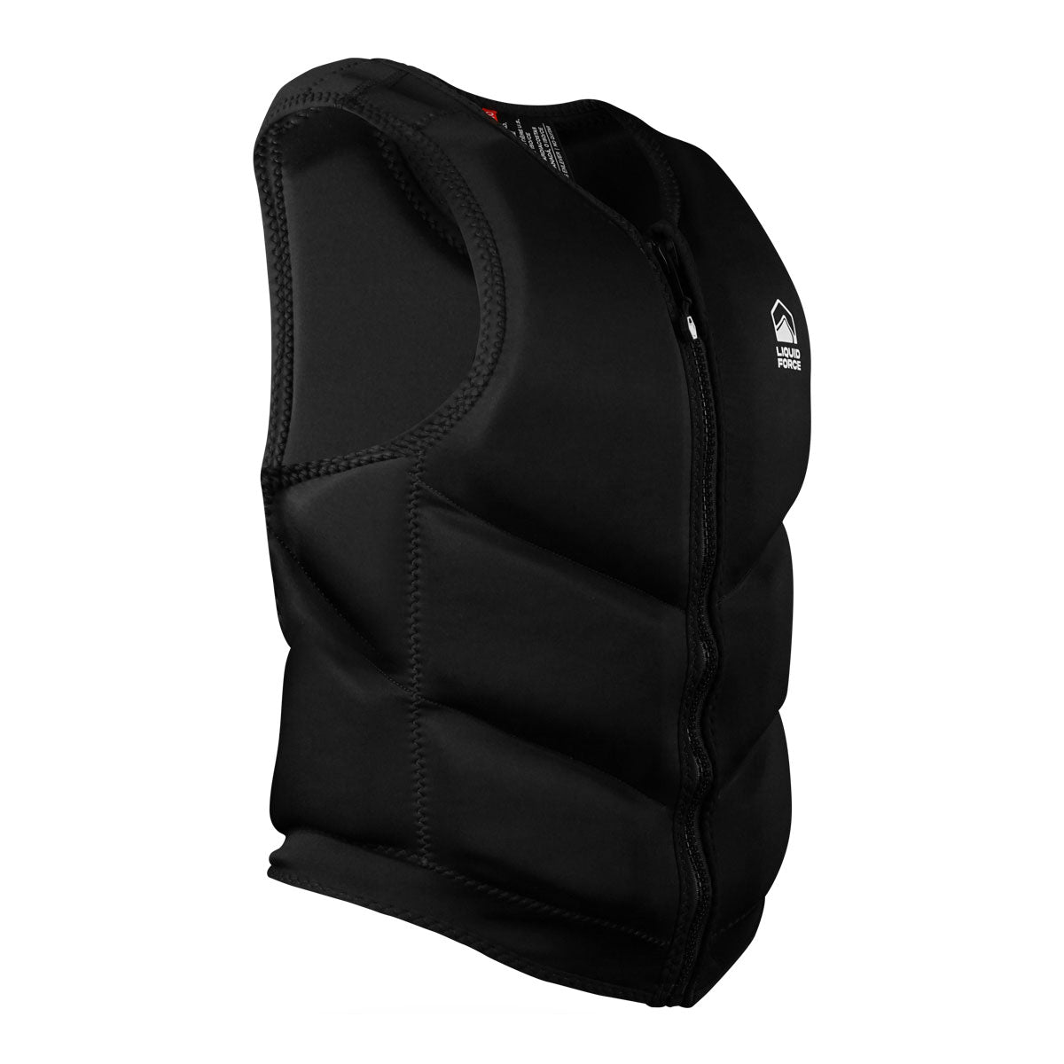 Front angled view of Womens Core Comp; black vest with front zipper &amp; small chest logo.