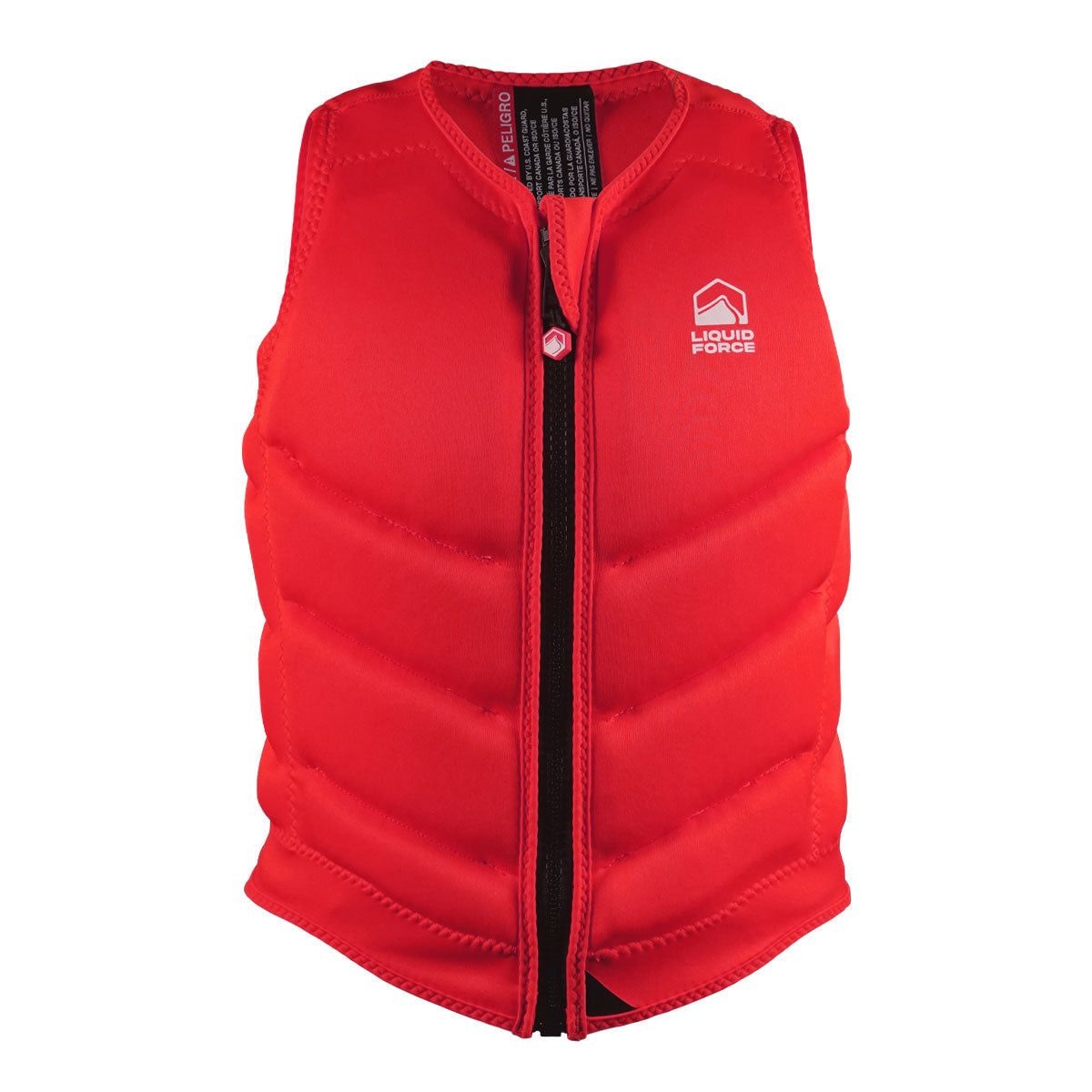 Front view of Womens Core Comp is a red puffer vest with front zipper and chest logo.