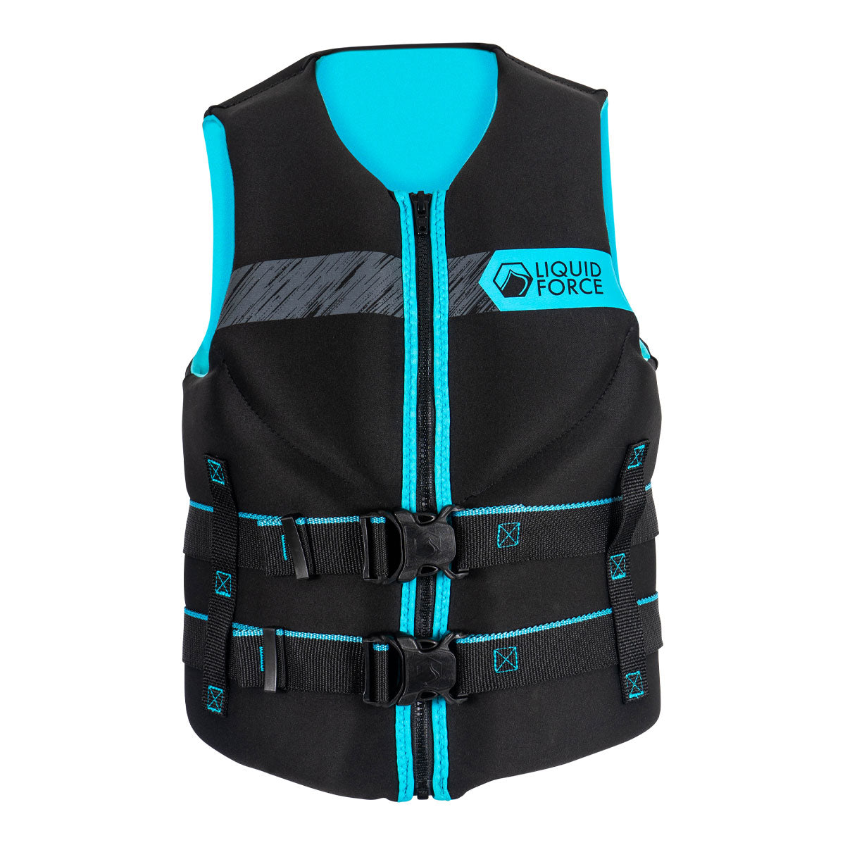 Front view of Black and teal Womens Classic Hinge CGA life jacket with buckles and Liquid Force logo.