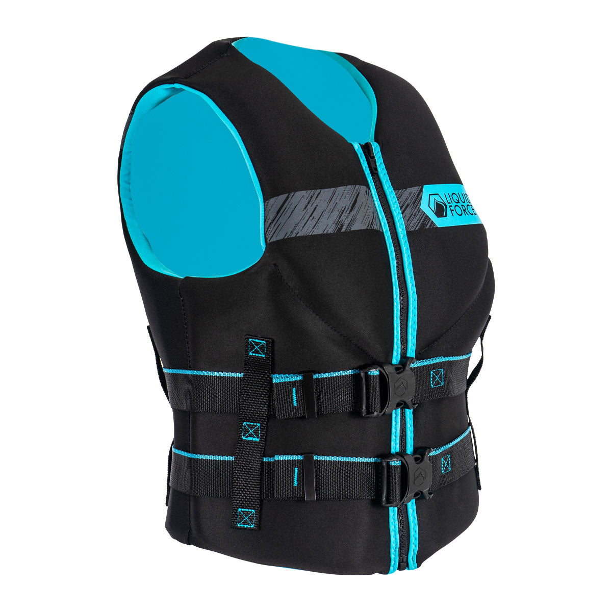 Front angled view of Womens Classic Hinge CGA in black/blue with dual buckles and zip closure.