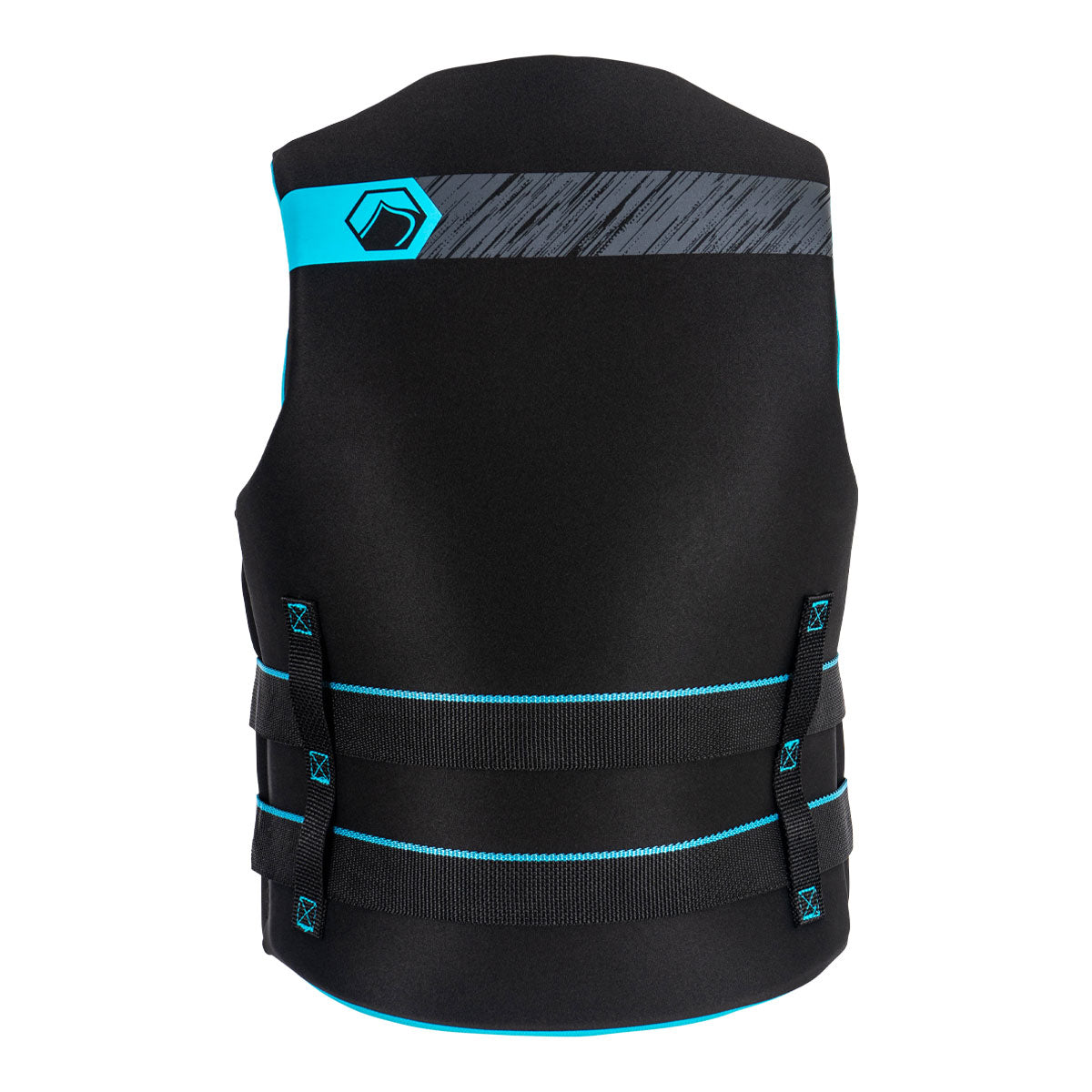 Rear view of Womens Classic Hinge CGA life jacket, black/blue with straps and geometric back design.