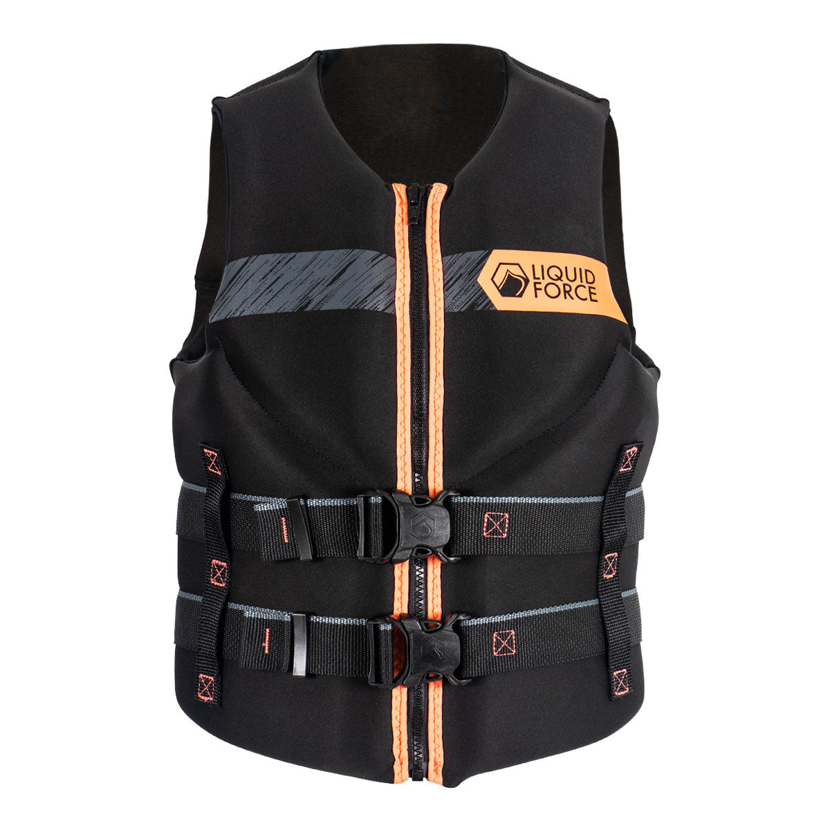 Front view of Womens Classic Hinge CGA life jacket with orange accents and two buckles.