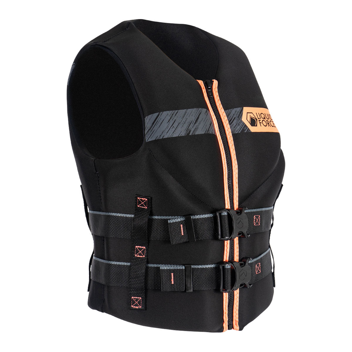 Front view of Womens Classic Hinge CGA life jacket with orange accents and two buckles.