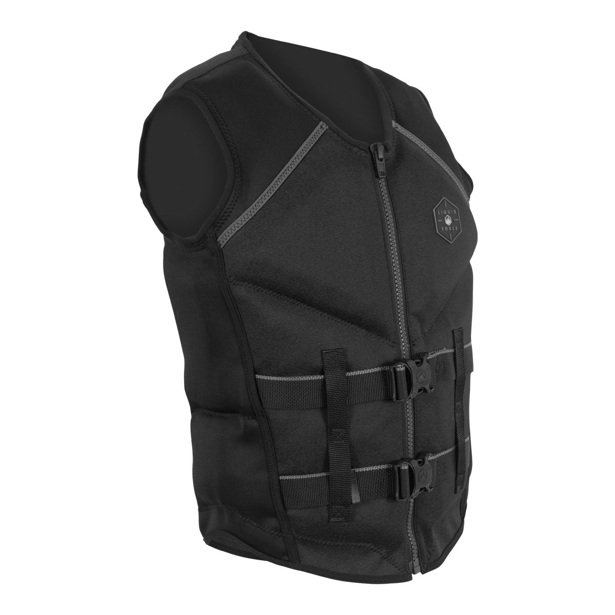 Front angled view of Watson CGA: Black neoprene life vest with front zipper and buckle closures.