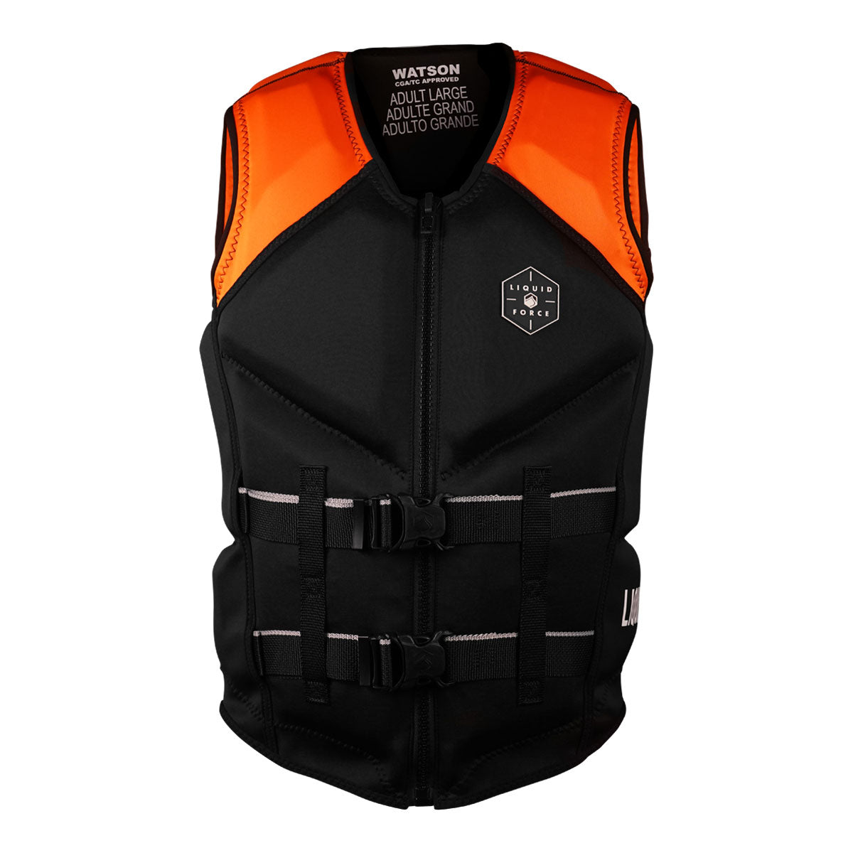 Front view of Watson CGA life jacket in black and orange with buckles on a white background.