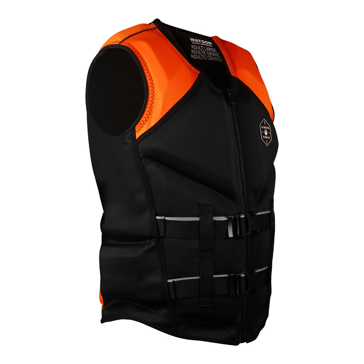 Front angled view of Watson CGA life jacket, black &amp; orange with buckles and zipper, displayed at an angle.