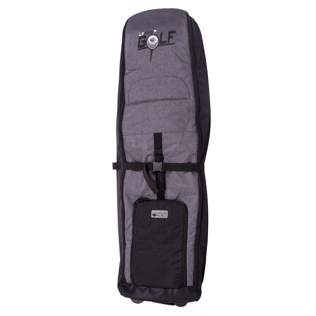 The Wheeled Golf Board Bag: Gray/black with wheels and a front pocket for convenience.