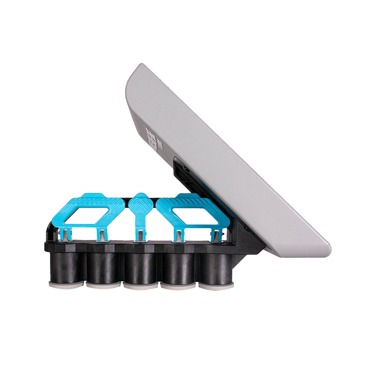Front angled view of Wakesurf Edge Inline Pro Wake Shaper 145  apparatus in grey with black base and blue handles.