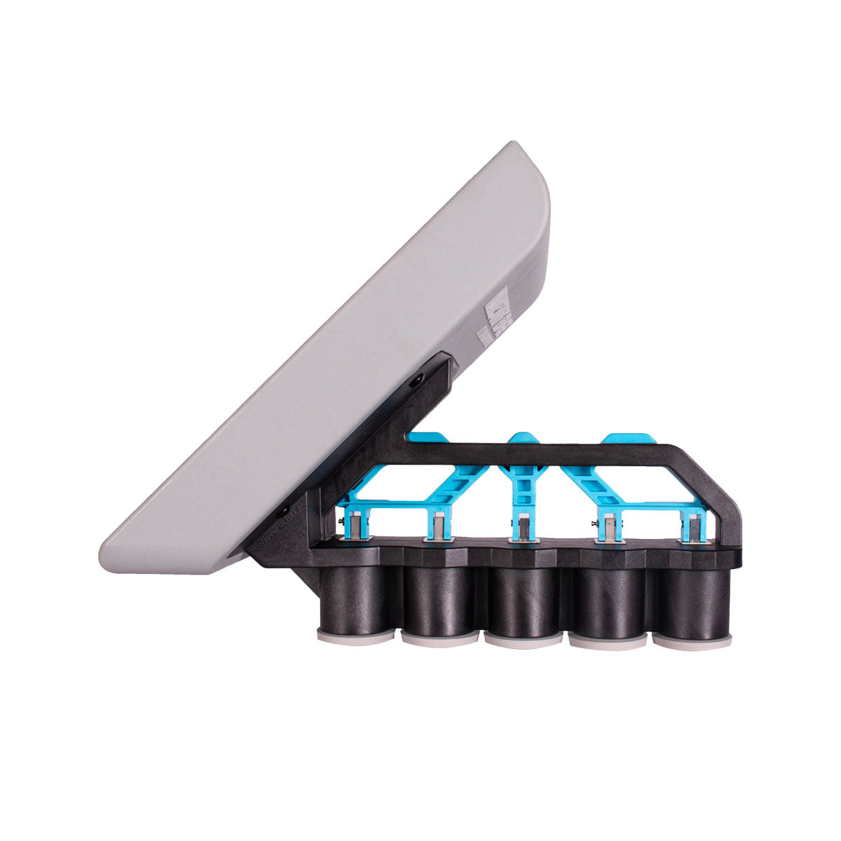 Side view of a gray and black WSE Inline Pro Wake Shaper 145 with blue accents.