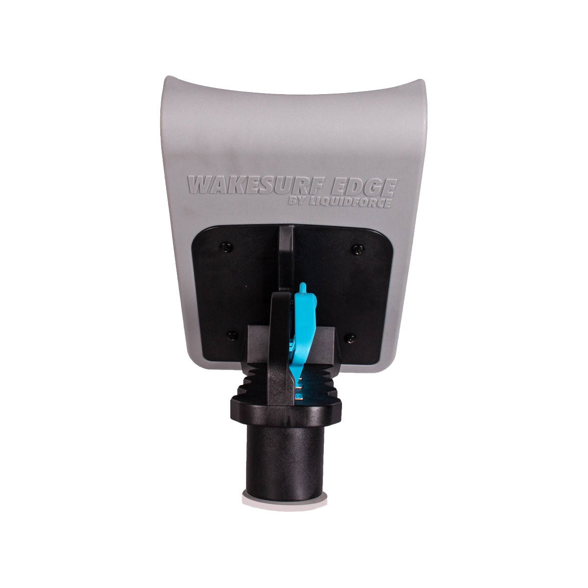 Rear view of Wakesurf Edge Inline Pro Wake Shaper 145 apparatus in grey with black base and blue handles.