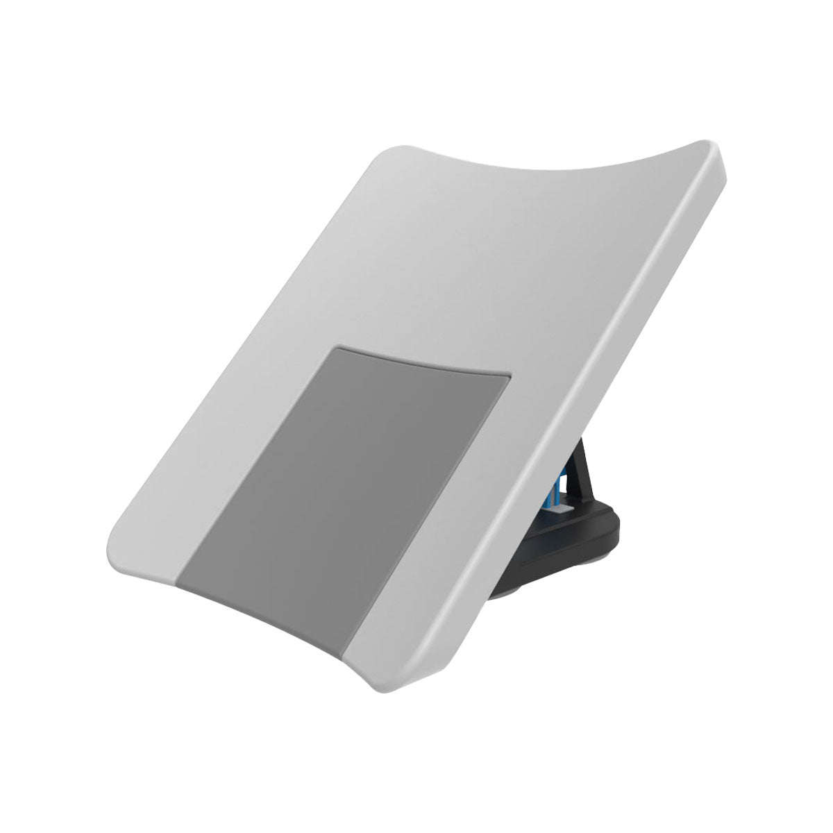 Front angled view of Wakesurf Edge Mega Folding Wake Shaper 250 apparatus in grey with black base and blue handles.