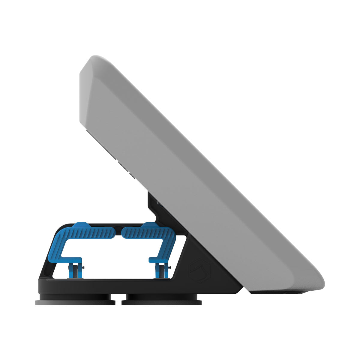 Side view of Wakesurf Edge Mega Folding Wake Shaper 250 in grey with black base and blue handles.