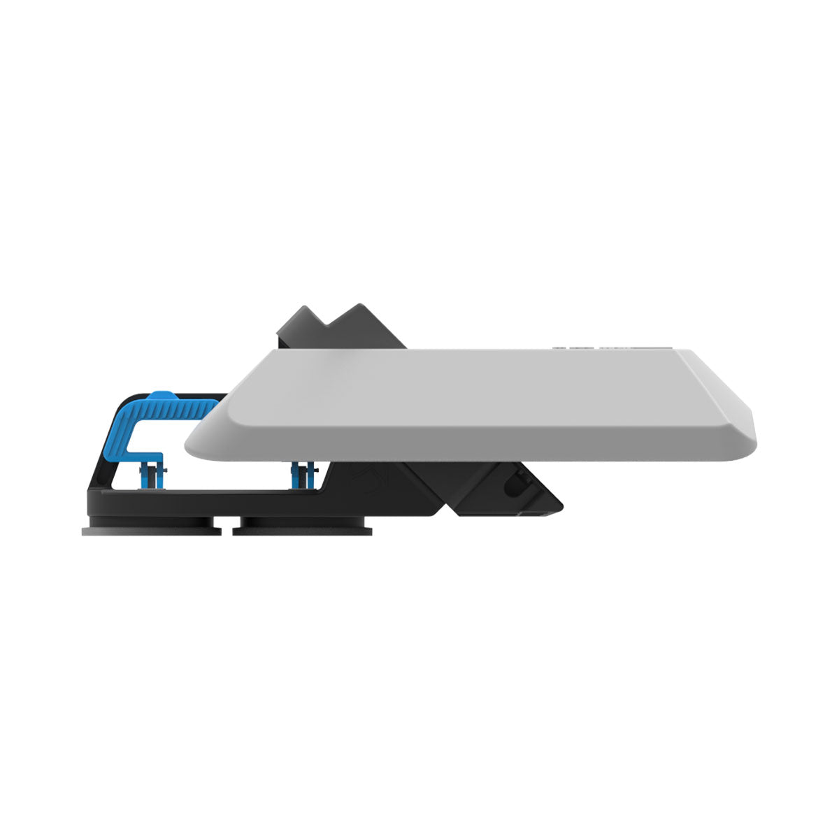 Side view of a gray Wakesurf Edge Mega Folding Wake Shaper 250 with blue accents and suction cups in folded / collapsed position.