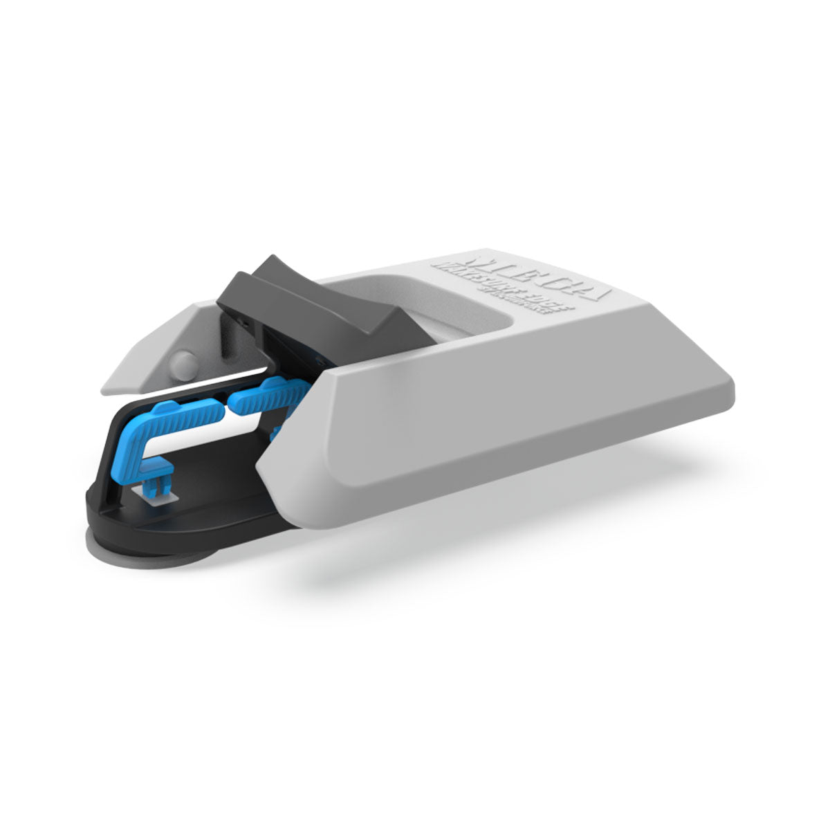 Rear angled view of a gray Wakesurf Edge Mega Folding Wake Shaper 250 with blue accents and suction cups in folded / collapsed position.
