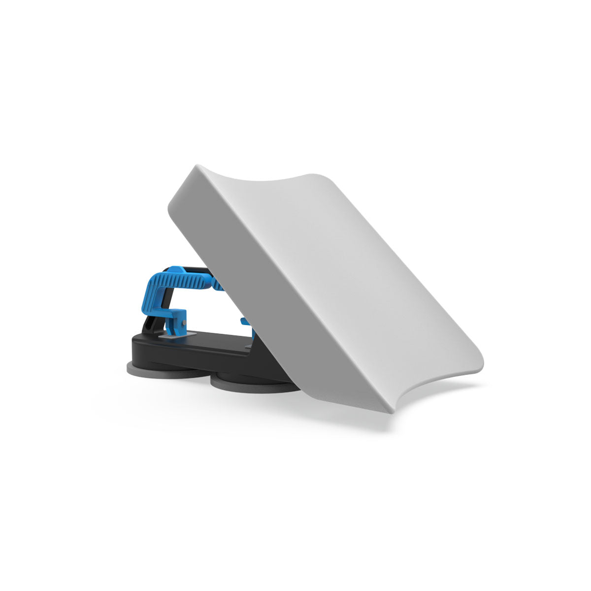 Front angled view of wake super apparatus in grey with black base and blue handles.