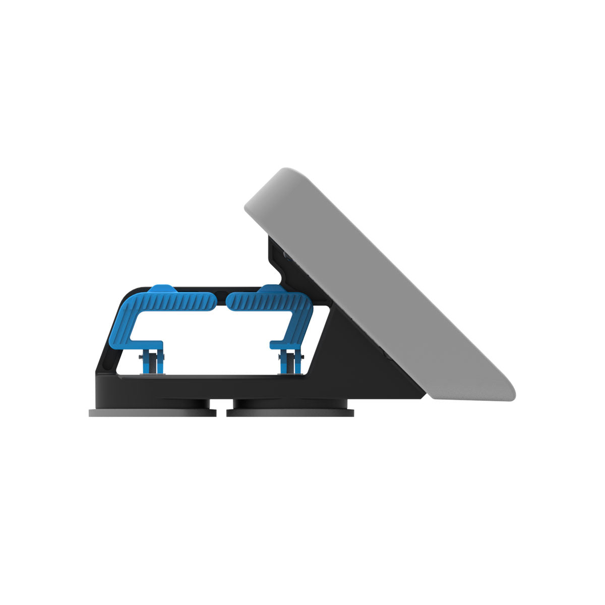 Front angled view of wake super apparatus in grey with black base and blue handles.