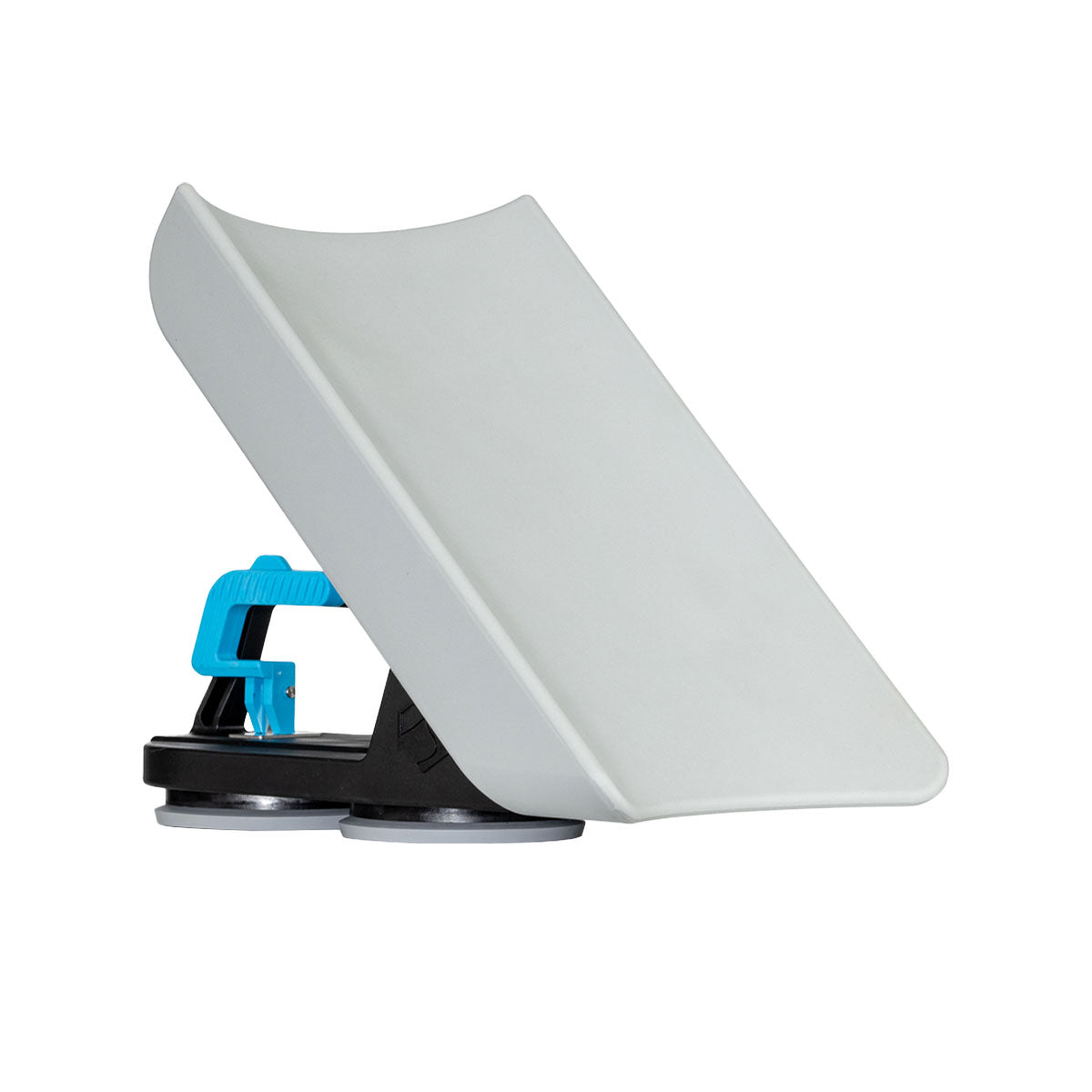 Front angled view of Wakesurf Edge Pro Wake Shaper 2 145 apparatus in grey with black base and blue handles.