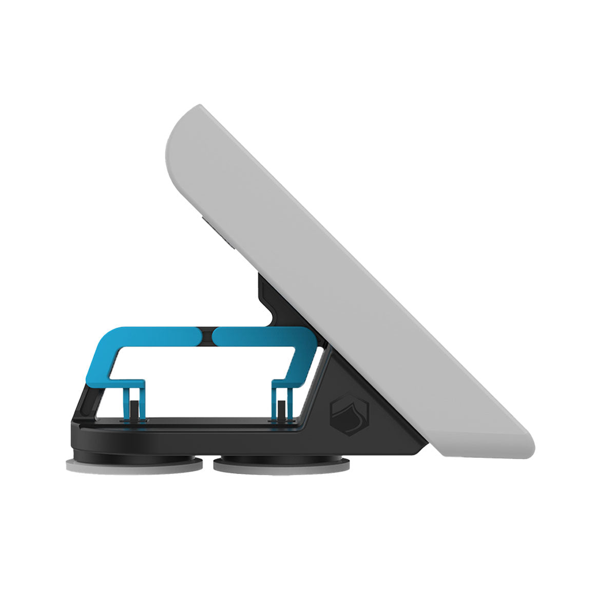 Front angled view of Wakesurf Edge Pro Wake Shaper 2 145 apparatus in grey with black base and blue handles.