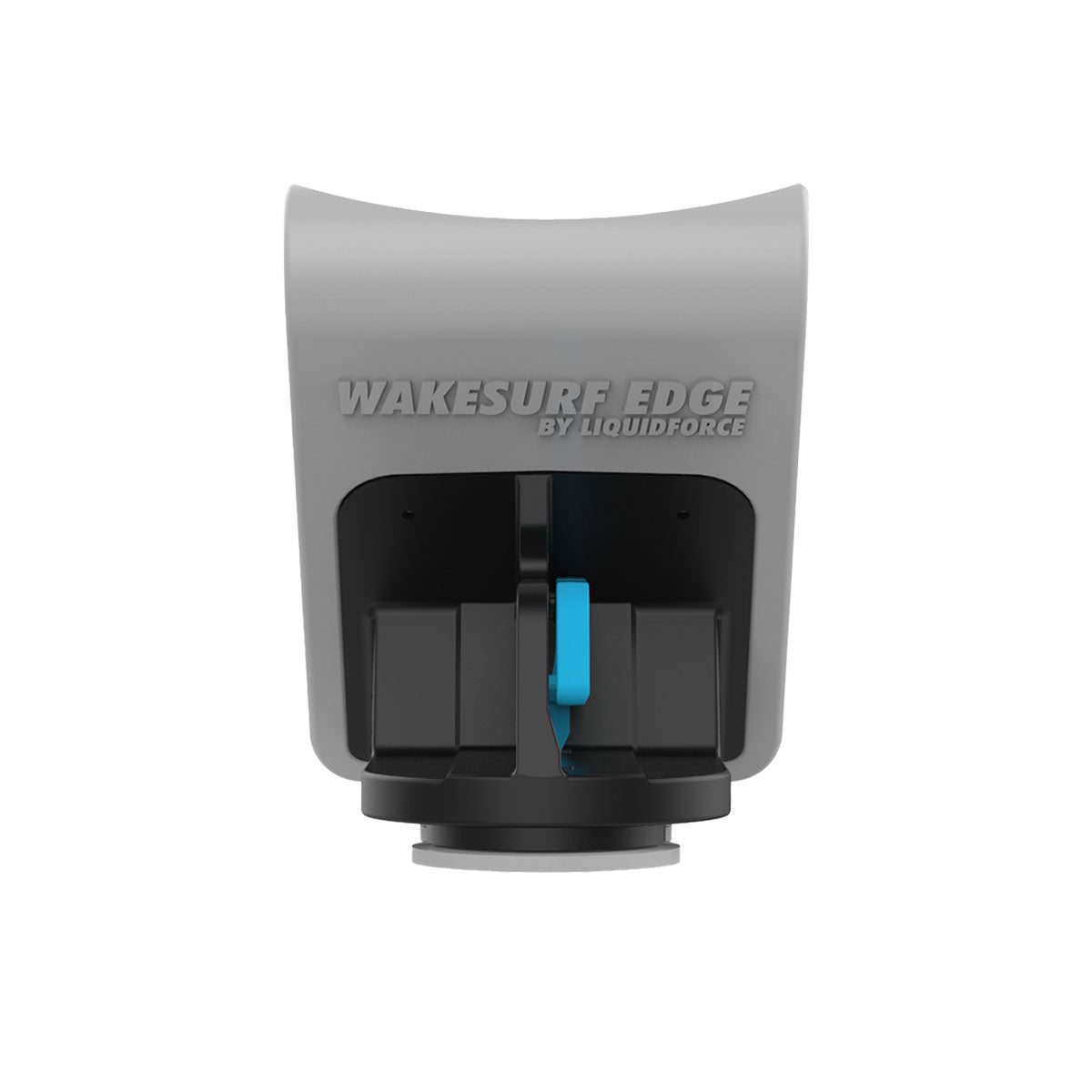 Rear view of Wakesurf Edge Pro Wake Shaper 2 145 apparatus in grey with black base and blue handles.