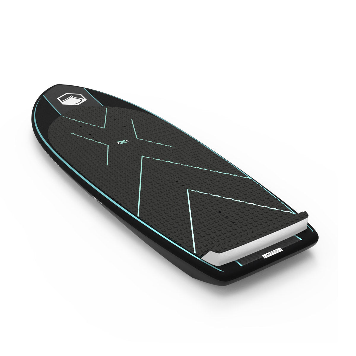 Angled top view of foil board with black and turquoise accents.