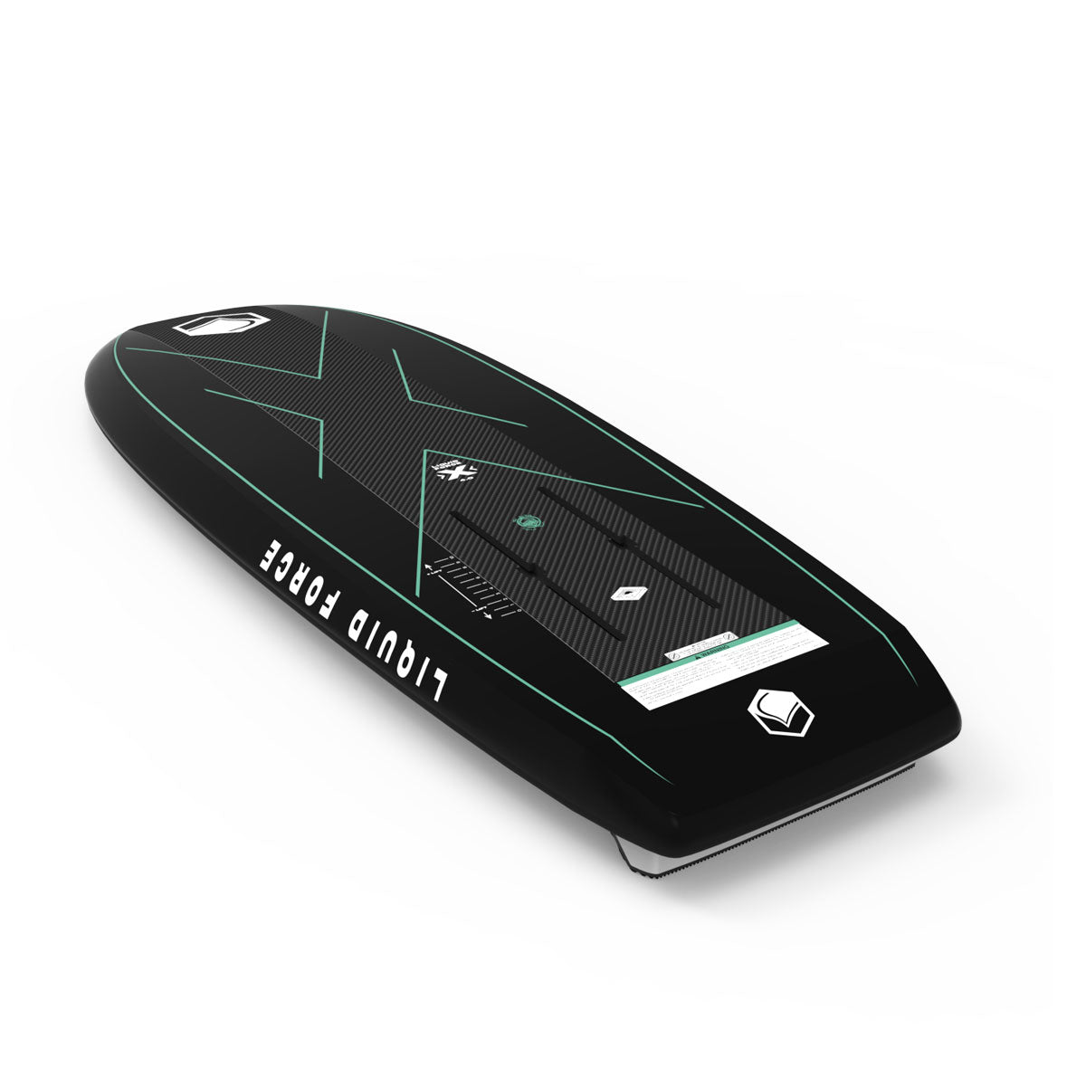 Angled bottom view of foil board with black and turquoise accents.