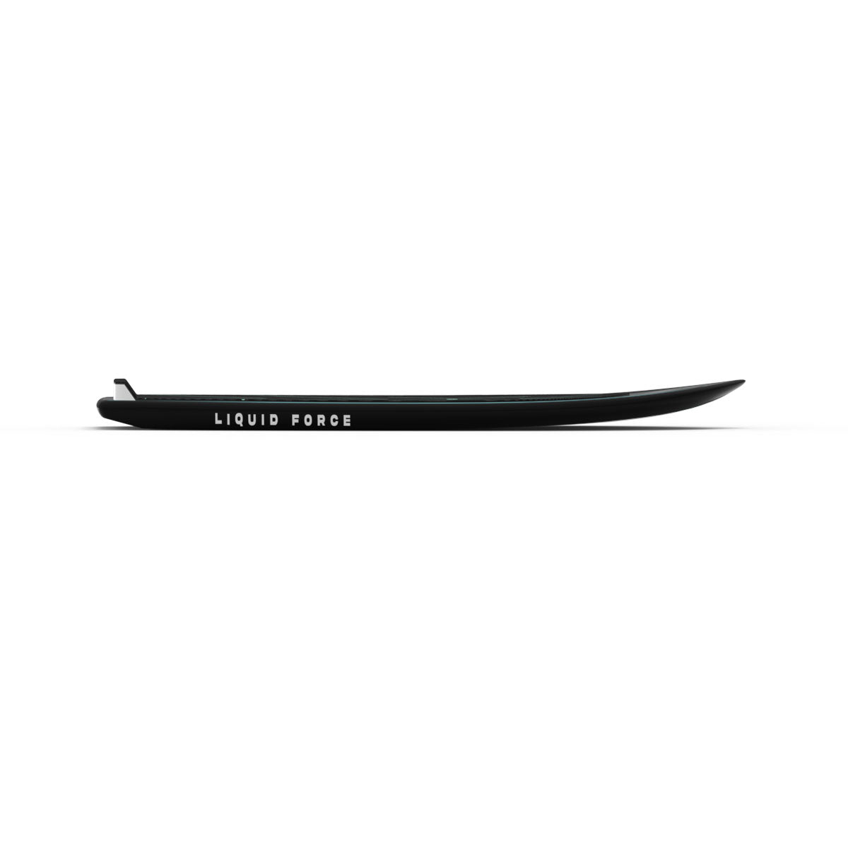 Side view of a black foil board on a white background.