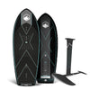 Top and bottom view of black and teal foil board and black hydrofoil package.